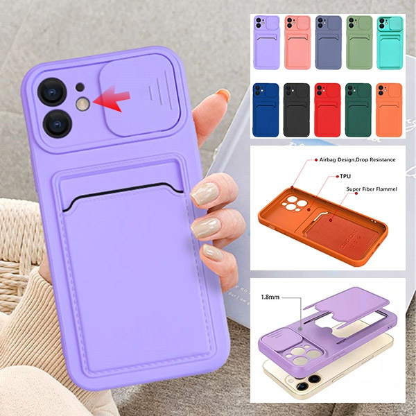 Slide Camera Lens Liquid Silicone Phone Case Card Holder Wallet Cover Case for IPhone 12 11 Pro Max 7 8 Plus XR X XS Camera Lens Protector Cover with