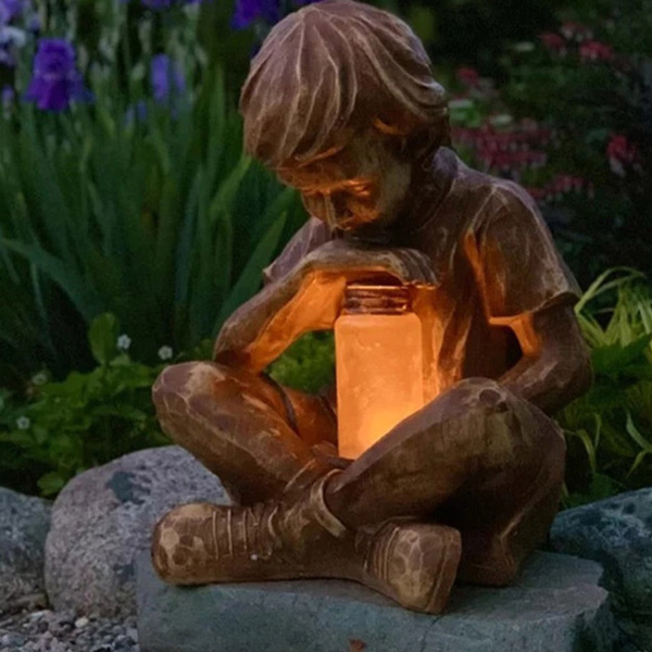 God Boy Sitting Sculpture Light LED Garden Figurine Statue Ornament Resin Decor
