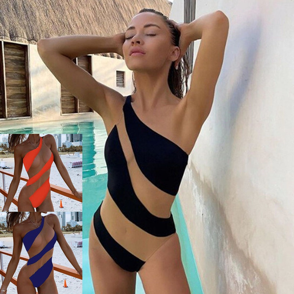 2022 New Summer Beach Fashion Bandage Stripe Skinny One Shoulder Fashion  Women One Piece Bikini Push-up Padded Swimsuit Bathing Swimwear Beach