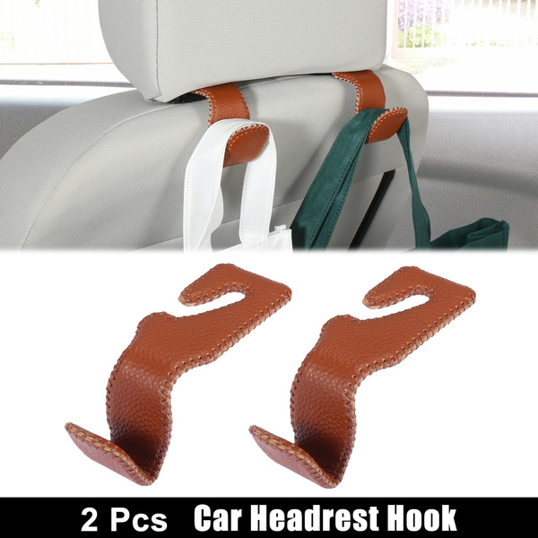X AUTOHAUX 2pcs Universal Faux Leather Car Headrest Hook Vehicle Back Seat Hanger Holder Hooks for Purse Cloth Drink Grocery Bag Brown 