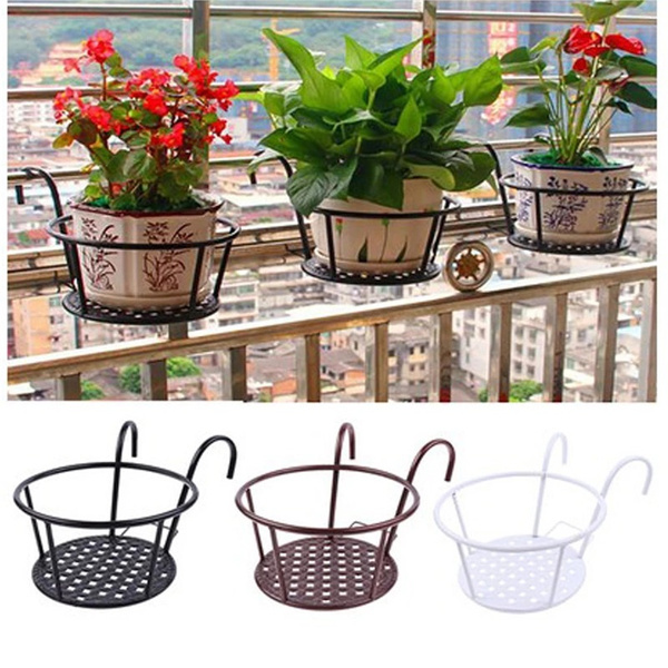 Plant Racks Round Flower Pot Rack Railing Fence Outdoor Window Iron ...