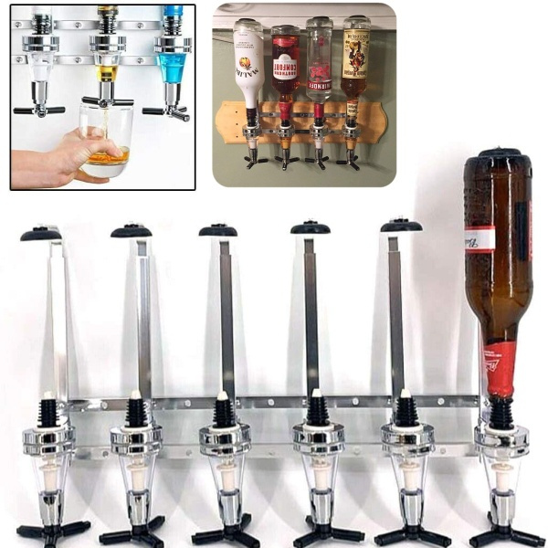 6 Bottle Liquor Dispenser Wall Mounted Cocktail Shaker Stand Wine