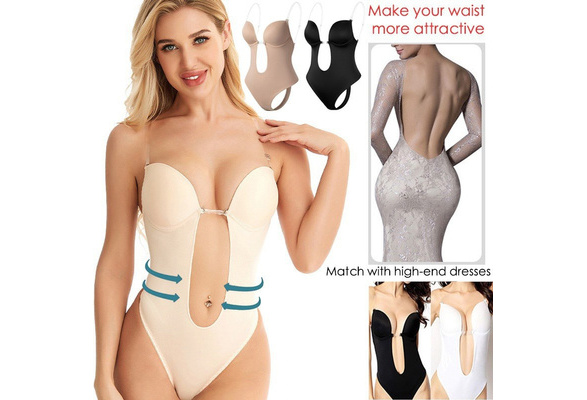 Woman Deep V Bodysuit Clear Strap Backless Plunge Thong Push Up