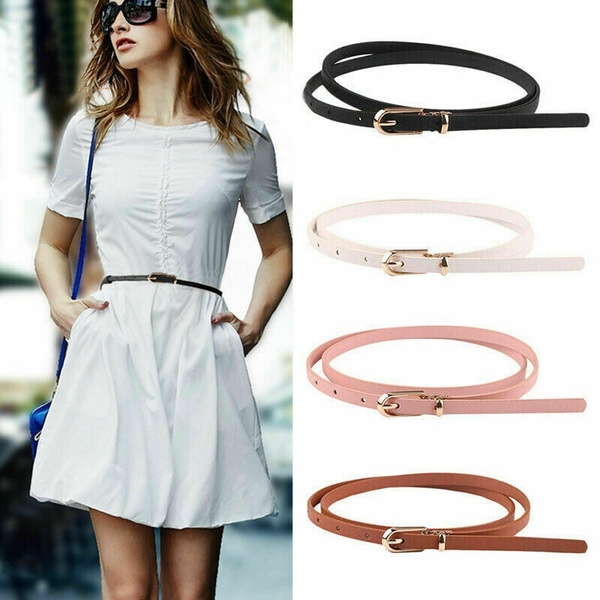 Adjustable Thin Waist PU Leather Skinny Belt For Womens Dresses