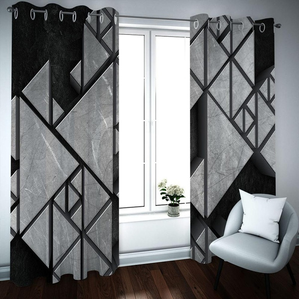 3d Blackout Curtains Grey Black, Black And Gray Geometric Curtains