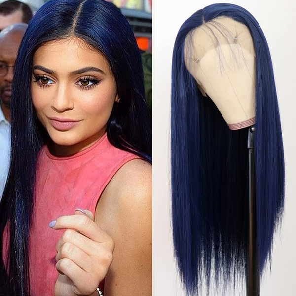 Dark Blue Lace Front Wigs for Fashion Woman Long Straight Navy Blue Hair Heat Resistant Fiber Hair Synthetic Lace Front Wigs 24 Inch