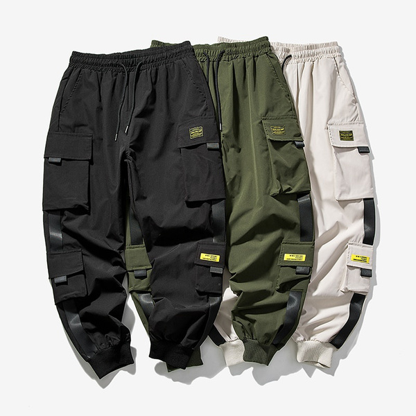 Men Cargo Pants Black Ribbons Block Multi-Pocket Harem Joggers Sweatpant  Hip Hop Casual Male Trousers 