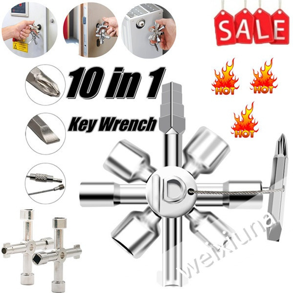 YJXUSHYQ 10 in 1 Multifunction Electric Control Cabinet Triangle Key Elevator Door Valve hurried Ratchet Wrench Set Ratchets Color : Silver, Size : Free