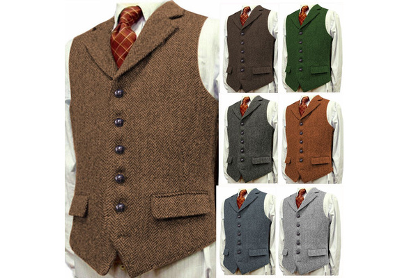 Men's British Herringbone Tweed Vest Premium Wool Waistcoat Tailored Collar  Slim Fit Suit Vest