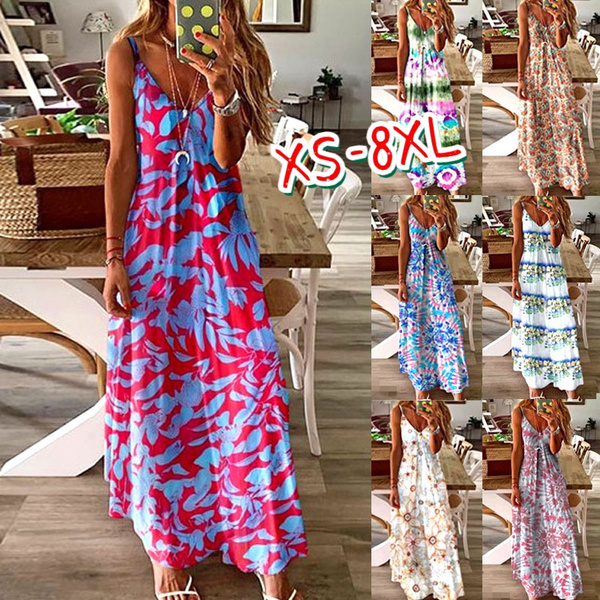 XS-8XL Summer Dresses Plus Size Fashion Clothes Women's Casual Sleeveless  Dress Deep V-neck Maxi Dresses Ladies Casual Spaghetti Strap Loose Beach  Wear Long Dress Floral Printed Halter Party Dress
