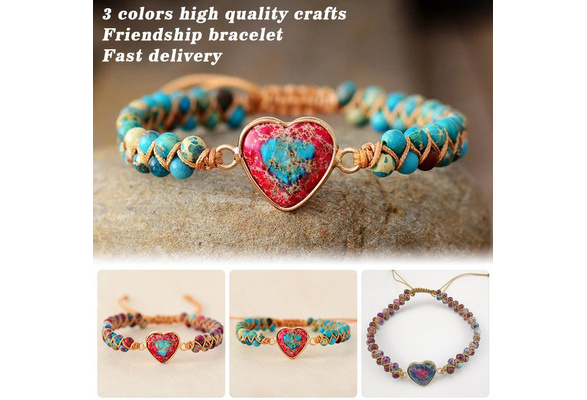 Natural Stone Heart Charm Bracelets String Braided Macrame