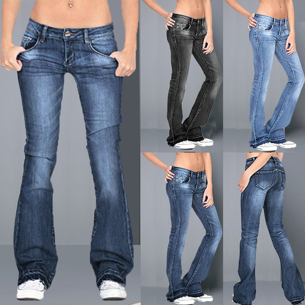 2021 Botón de moda para mujer Slim Show Casual Jeans finos Pantalones  acampanados Pantalones largos | Wish