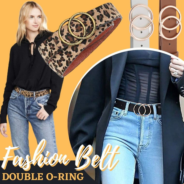 Pack 2 Women Belts for Jeans with Fashion Double O-Ring Buckle and Faux  Leather