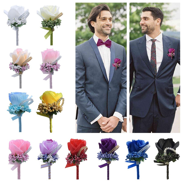 Men Wedding Formal Party Silk Rose Flowers Corsage Grooms Boutonniere Brooch Pin 