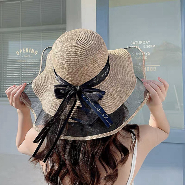 New Summer Sun Hat Bow Hat Visor Temperament Flat Straw Hats Women'S Sea  Beach Vacation Leisure Sunscreen Hat