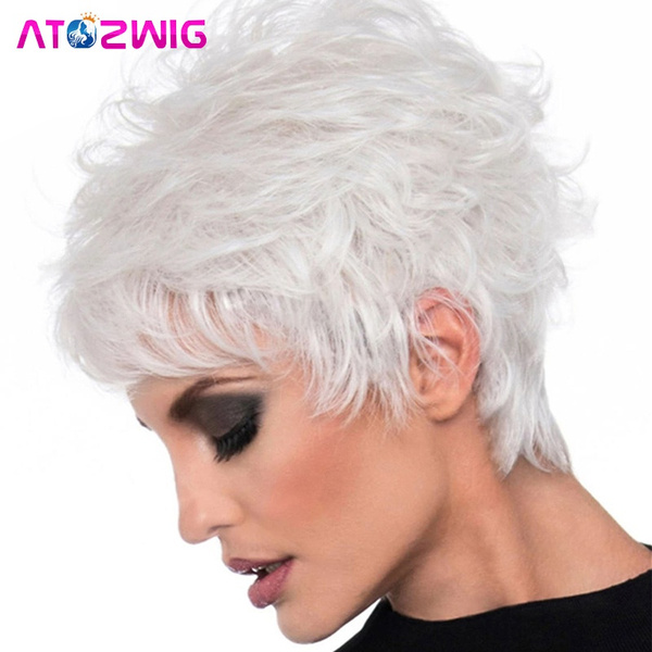 Fluffy Wavy Short Pixie Cut Wigs for White Women Sliver White