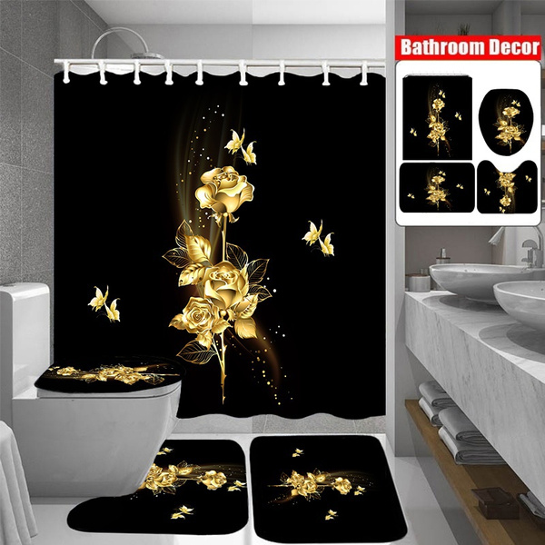 Luxury Golden Rose Bathroom Shower Curtain Set NonSlip Bath Mat Toilet Lid Cover