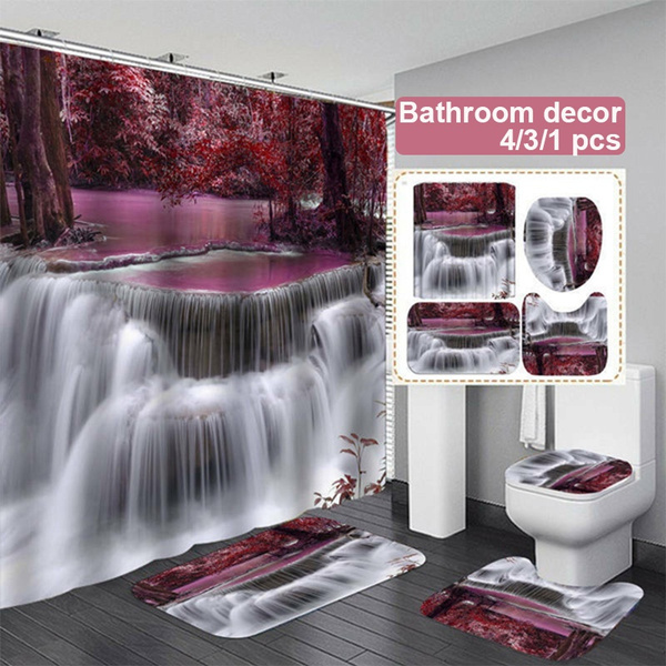 Waterfall Shower Curtain Bathroom Rug Non-Slip Mat Toilet Cover Waterproof Decor 