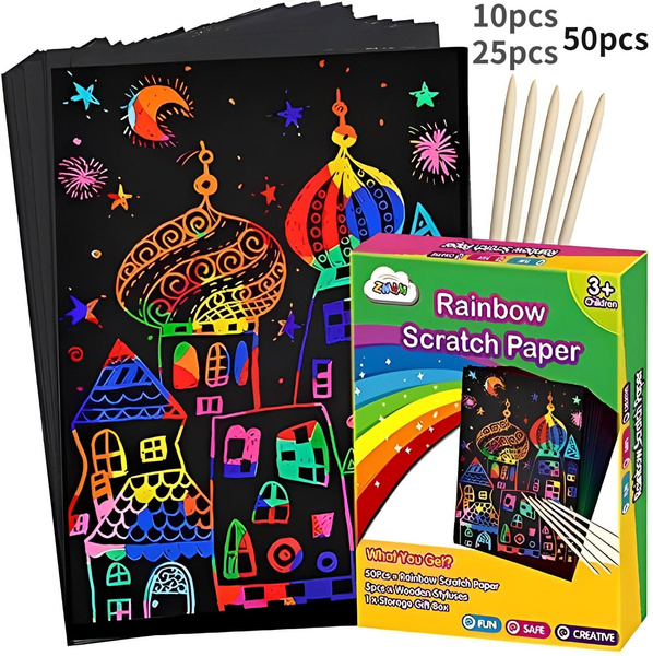 Kids Scratch Art Set 100 Piece Rainbow Magic Scratch Paper with 3 Wooden  Stylus for Easter Party Game Christmas Birthday Gift - Rabbit Paradise