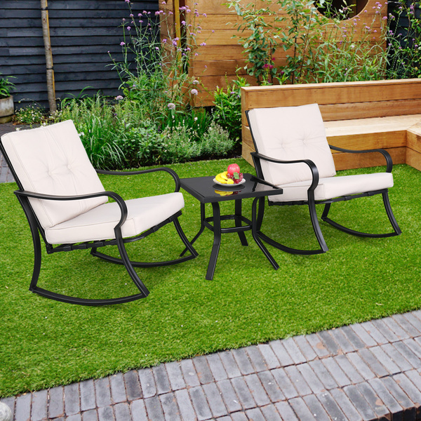 3Pcs Outdoor Patio Furniture Sets Rattan Sofa Rocking Chair w/ Coffee