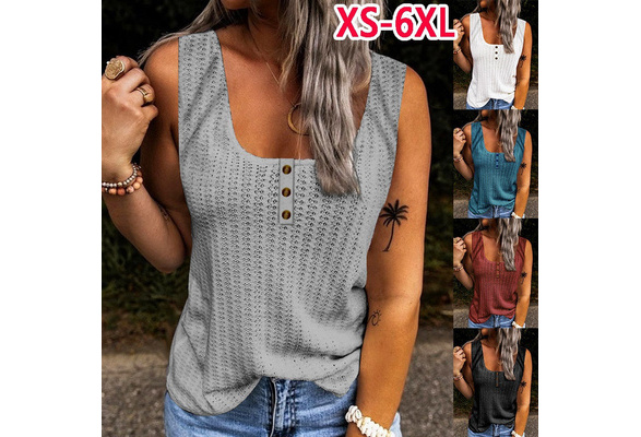 XS-5XL Plus Size Fashion Women Summer Casual Vest Sleeveless Halter Top  Solid Color Camisole Ladies Off Shoulder Button-down Shirts Loose Cami Tank