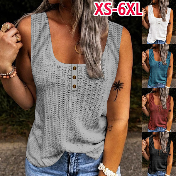 XS-5XL Plus Size Fashion Women Summer Casual Vest Sleeveless Halter Top  Solid Color Camisole Ladies Off Shoulder Button-down Shirts Loose Cami Tank  Tops