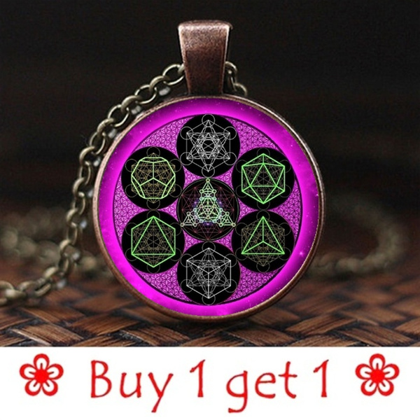 Element Sacred Geometry Cabochon Glass Tibet Silver Chain Pendant Necklace 