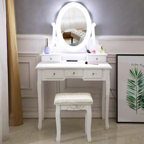 Educación escolar aluminio diccionario Makeup Vanity Table Set with 10 Lights Mirror and 5 Drawers Dressing Desk  White | Wish