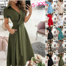 short sleeve dress, solidcolordre, Deep V-neck Dress, Dress