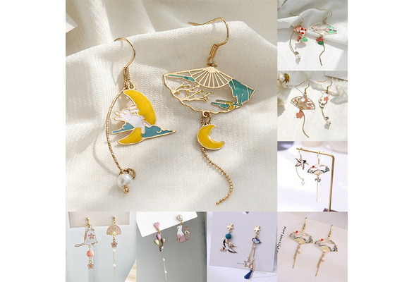 Pendientes De Grúa Femenina En Forma De Abanico Retro Oro Y Pendientes De Grúa Femenina En Forma De Abanico Retro Oro Y