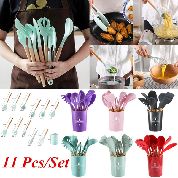 12Pcs/Set Silicone Kitchen Utensils Cooking Non-stick Spatula Shovel Tongs  Soup Ladle Wooden Handle Stainless Steel Storage Box