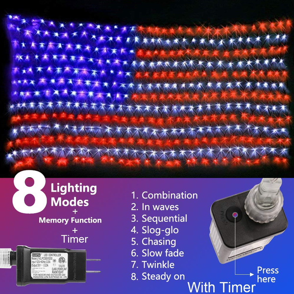 American Flag LED String Lights 8Modes Timer Function Large USA Flag Net Outdoor