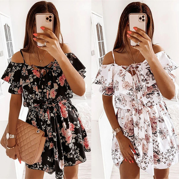 V Neck Ruffle Short Sleeves Lace Up Off Shoulder Collect Waisted Mini ...