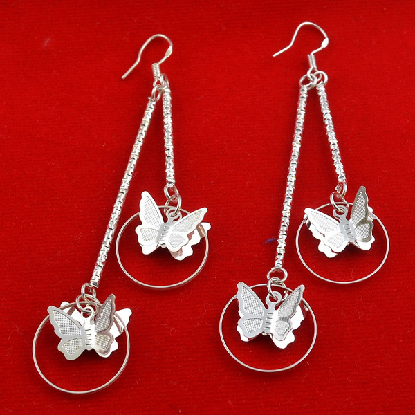 Sterling Silver Wish Ring Garden Butterfly French Hook Dangle Earrings .925