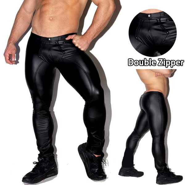 Fashion Men Double Zipper Pants Black PU Leather Leggings Wetlook Tights