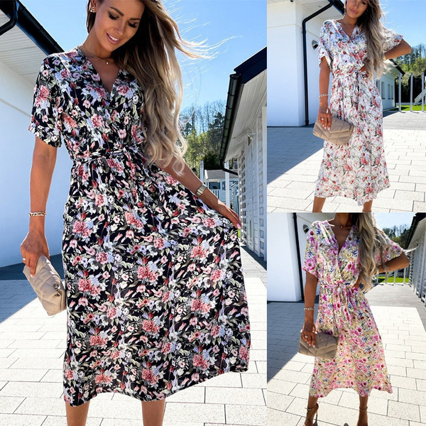 Women Fashion Summer Dress V- Neck Short Sleeves Floral Print Vestido ...