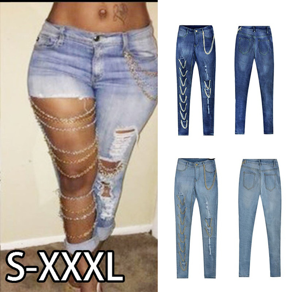 Large Hole Denim Cotton Ladies Jeans