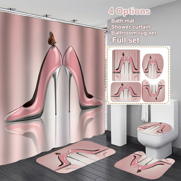 3d Pink High Heels Bathroom Decor Shower Curtain Set Toilet Cover Non Slip Bath Mat Rug Sets Waterproof Seat Accessories Home Wish - Pink Toilet Seat Cover And Rug Set