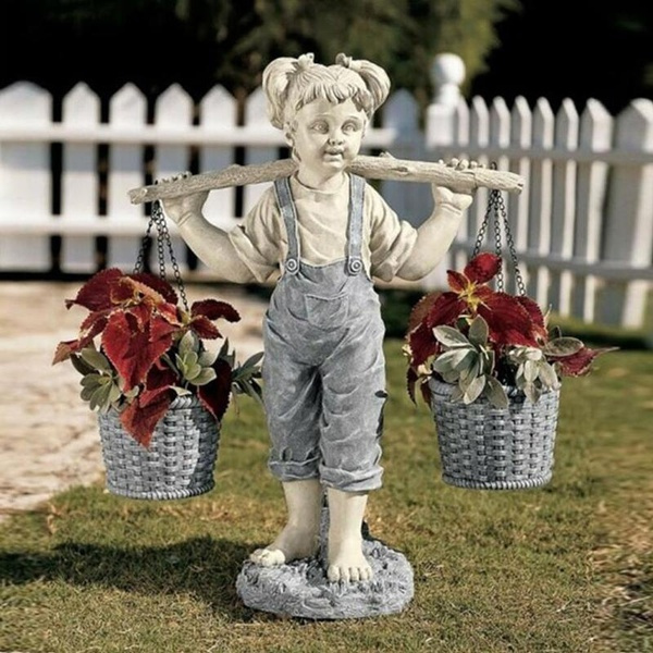 Lawn Art Outdoor Garden Decor DIY Resin Girl Statue Flower Pot Yard Decoraiton 