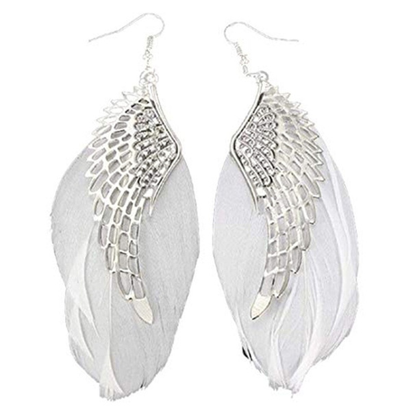 1 Pair Silver Angel Wing & White Feather Earrings Bohemian Large Dangle Drop