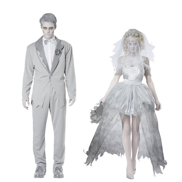 wish.com | Couple Cosplay Costume, Halloween Costume, Gray Stage Dress, Veil Set, Horror Ghost, Vampire Dress for Adult