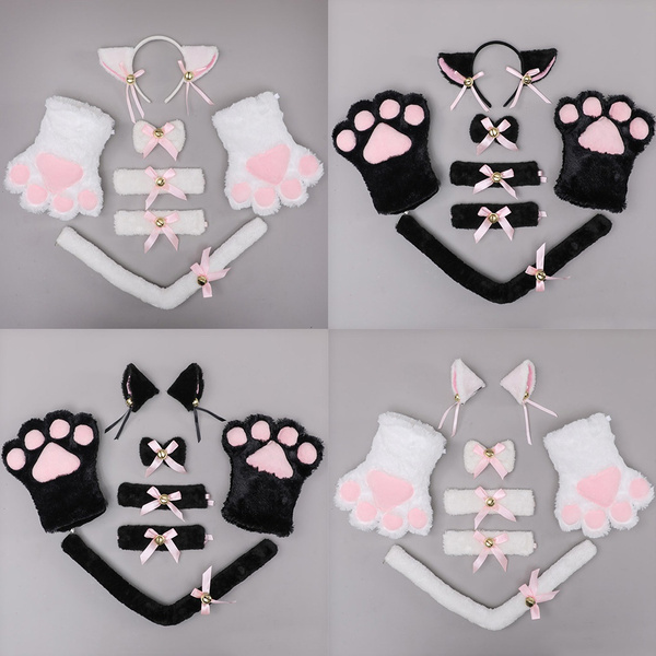 Anime Cat Ears Furry Headbands Set Lolita Kitty Tail Paws Gloves Bells ...