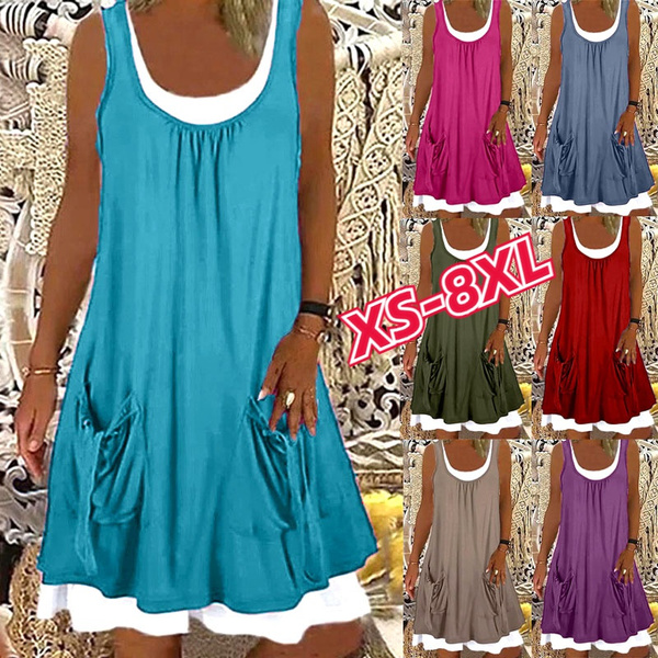XS-8XL Summer Dress Plus Size Fashion Clothes Women's Casual Beach Wear  Sleeveless Tank Top Dresses with Pockets Ladies Off Shoulder Stiching  Layered Party Dress O-neck Cotton Blending Loose Dress