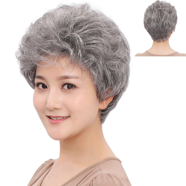 Short Sliver Gray Curly Wigs Women With Bangs Pixie Cut Grey Wig For White Women Wavy Layered 