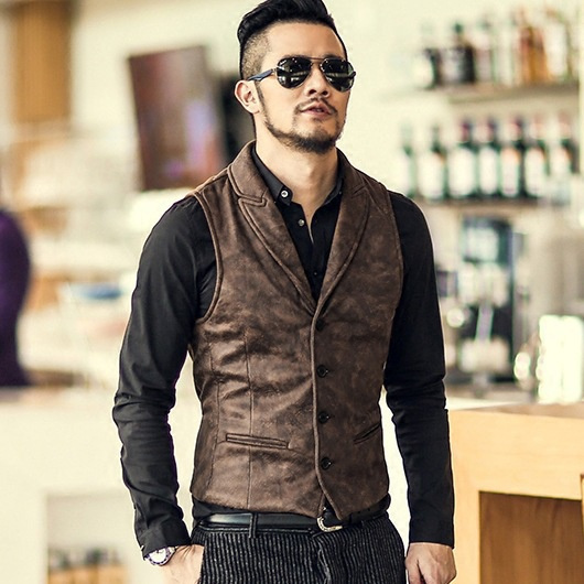 New Men s Sleeveless Leather Jacket Vest Autumn Retro Tooling Vest