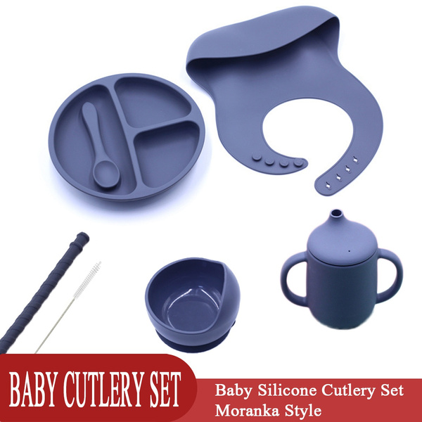 Silicone Baby Feeding Sets Baby Dining Dishes Silicone Straw Silicone Spoon  Silicone Bowl Silicone Cup Silicone Bib Silicone Plate Baby Feeding Utensils  Strong Sucker Feeding Set 7 PCS