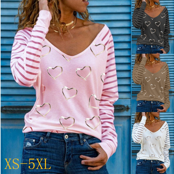 Spring And Summer New Fashion Women s Striped Sleeve Love Printed Spring And Summer New Fashion Women s Striped Sleeve Love Printed