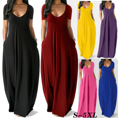 short sleeve dress, vestidos femininos, Deep V-neck Dress, long dress