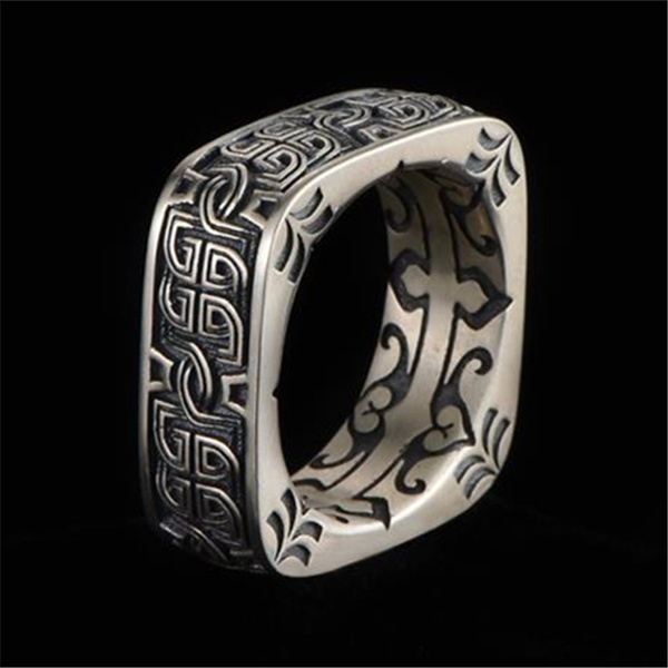Vintage Carved Pattern 925 Silver Square Rings for Mens Punk Rings