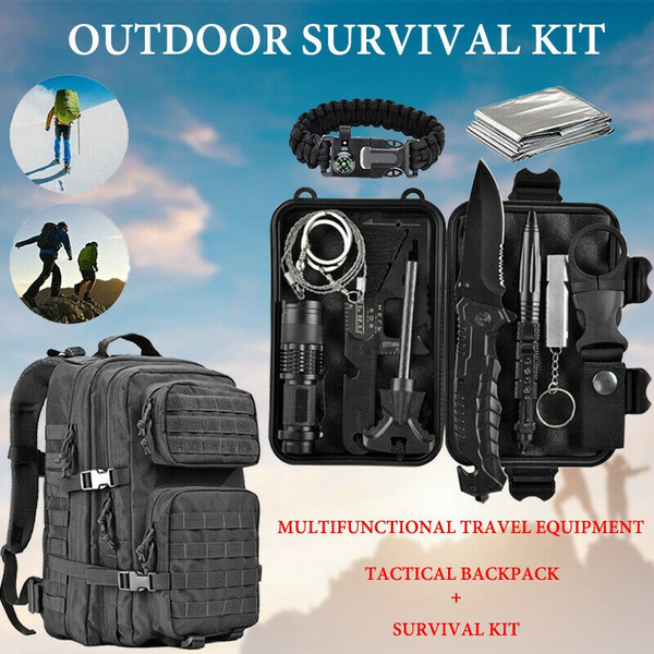 Emergency Survival Gear Kits 13 In 1, 45L Large Capacity Waterproof  Tactical Backpack,Outdoor Survival Tool with Emergency Bracelet Whistle  Flashlight Pen Wire Saw for Camping, Hiking, Climbing,Car